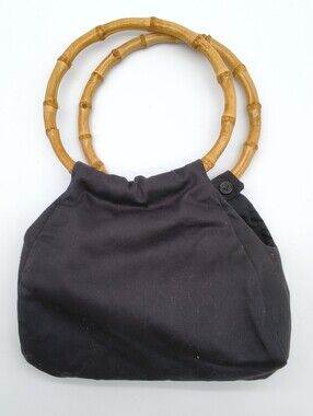 Vintage Black Cotton Pouch Handbag with Round Bamboo Top Handles